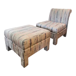 Vintage Upholstered Mid Century Modern Sofa Chair With Ottoman