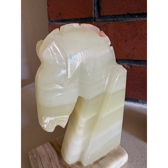 Vintage Onyx Horse Head Bookends Pair – Banded Stone Chess Knight Sculptures For Sale - Image 12 of 16