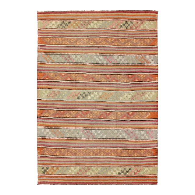 Mid 20th Century Turkish Kilim Vintage Rug With Assorted Stripe Design in a Variety of Colors For Sale