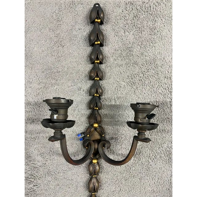 1930s Art Nouveau Two Arms Bronze W Frosted Milk Glass Shades Wall Sconce, a Set of 3 For Sale - Image 11 of 13