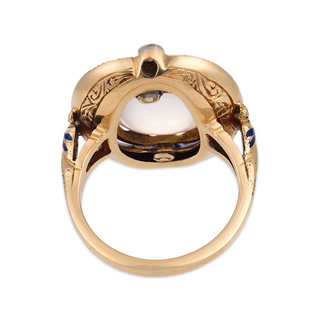 Early 20th Century Victorian Moonstone Diamond Blue Enamel 14k Yellow Gold Ring, Size 6 For Sale In Los Angeles - Image 6 of 6