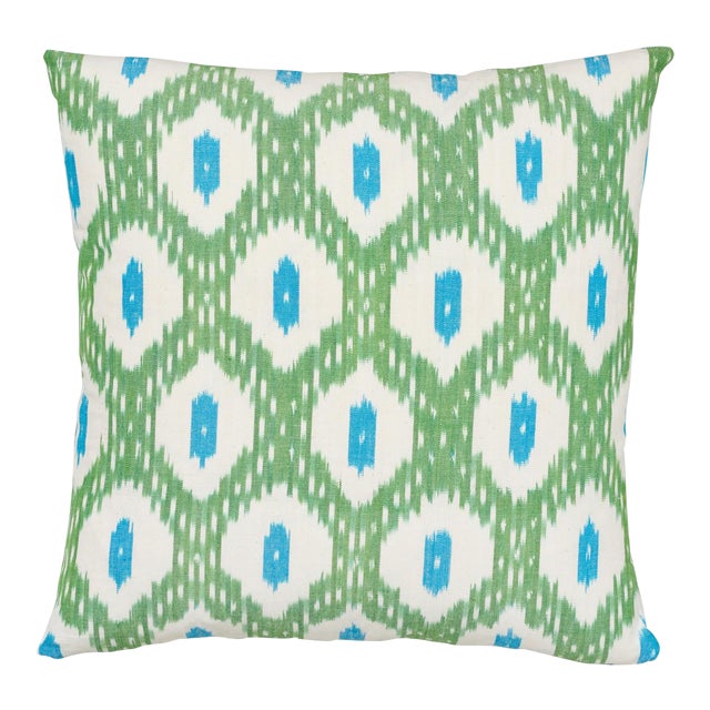 Schumacher Indio Ikat Pillow in Green & Peacock For Sale