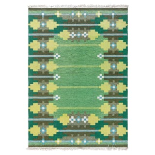 Doris Leslie Blau Vintage Swedish Rug in Lush Greens and Geometric Patterns For Sale
