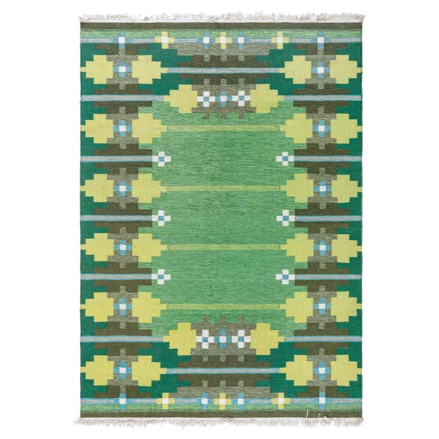 Doris Leslie Blau Vintage Swedish Rug in Lush Greens and Geometric Patterns For Sale