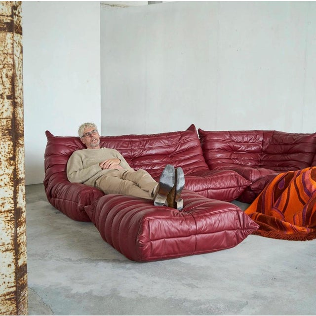 Togo Modular Sofa in Oxblood Red Leather attributed to Michel Ducaroy for Ligne Roset, 2000s, Set of 4 For Sale - Image 18 of 18