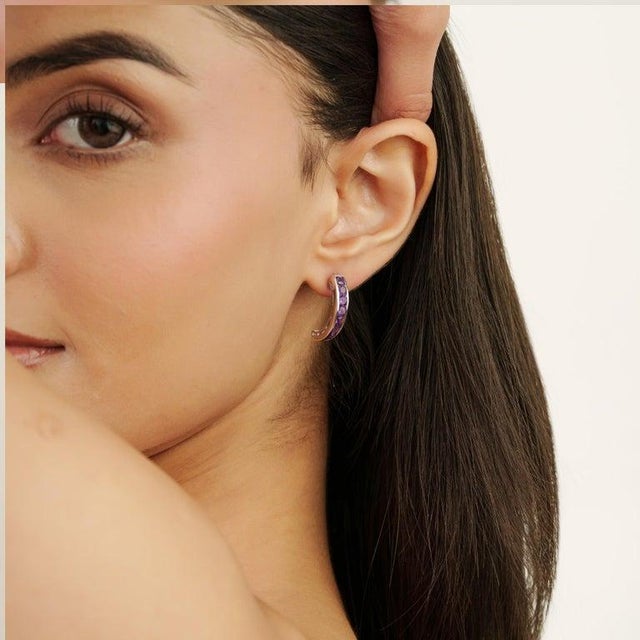 February Birthstone Purple Amethyst Hoop Earrings in Solid Silver, A Pair For Sale - Image 9 of 11