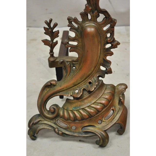 Antique French Rococo Baroque Style Brass Leafy Acanthus Andirons - A Pair For Sale - Image 4 of 12