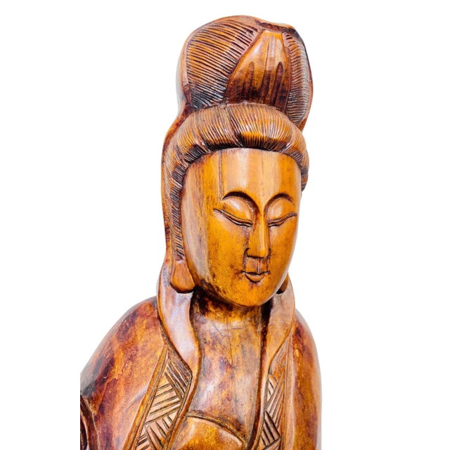 Large Vintage Hand Carved Solid Wood 4.5 Foot Standing Kwan Yin/Guanyin Statue For Sale - Image 4 of 12
