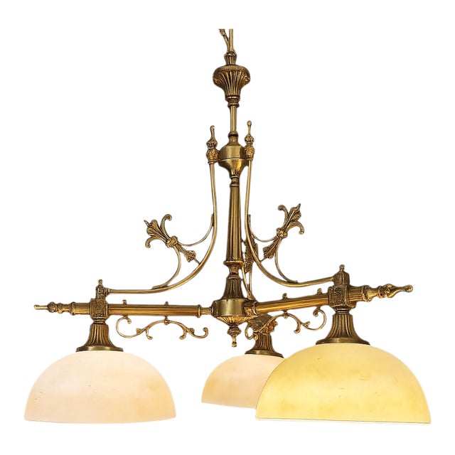 Vintage Neoclassical Brass Three-Light Billiard Chandelier With Alabaster Glass Shades For Sale