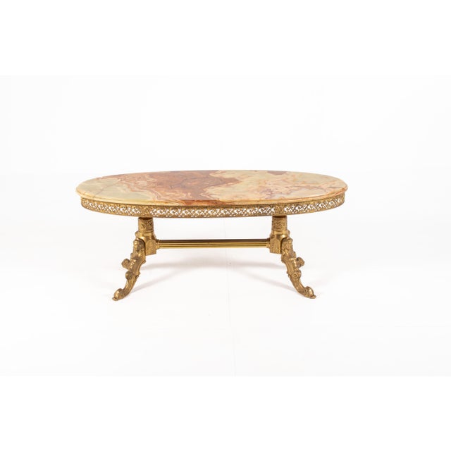 Gold Vintage Hollywood Regency Oval Onyx Coffee Table with Gilt Brass Base, France, 1960s For Sale - Image 8 of 16
