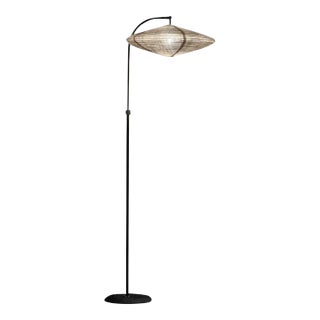 Roswell Floor Lamp - Matte Black Finish, Handcrafted Shinpuru-Sa Linen-Cotton Shade, Black Marble Base, Dimmer For Sale