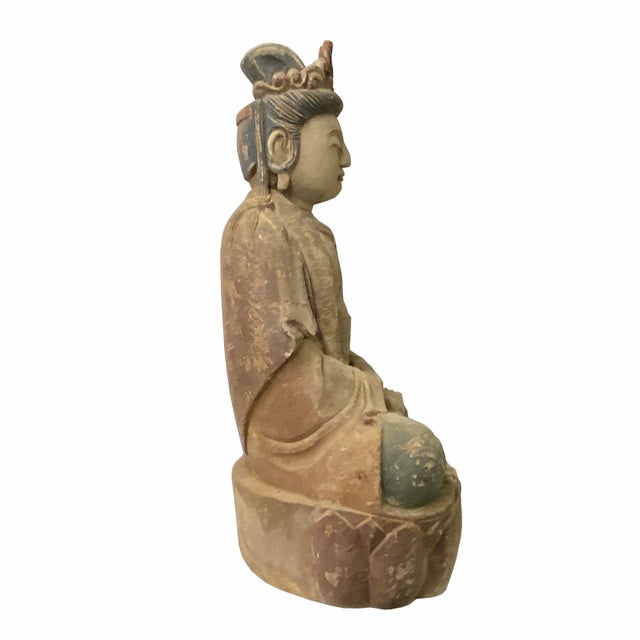 Chinese Rustic Wood Sitting Guan Yin Kwan Yin Bodhisattva Statue For Sale - Image 4 of 7