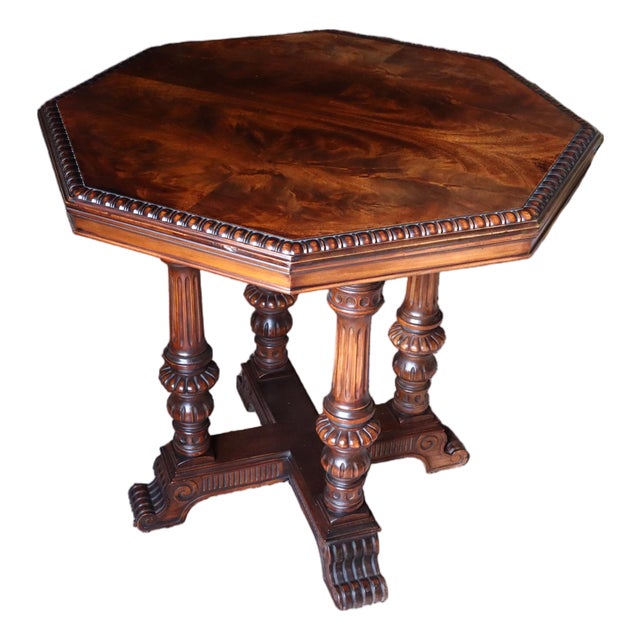 Hexagonal Mahogany Lamp Table With Mirrored Wood Grain & Regal Flat Claw Feet For Sale