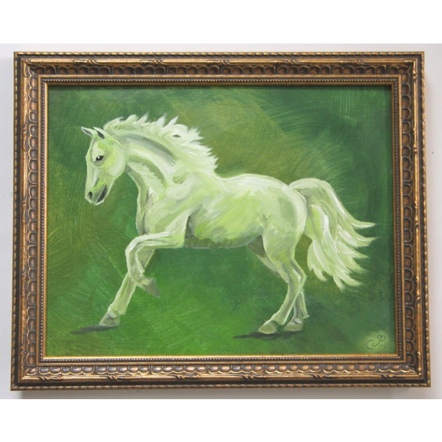 An elegant horse in shades of army , forest, lime greens on a mottled green landscape background.. Impressionism ,...