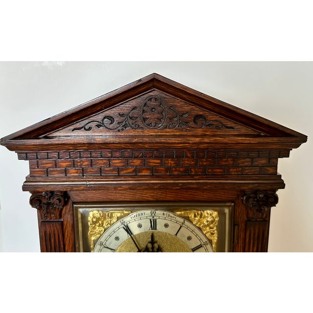 Wood Antique Tiffany & Co. Architectural Oak Bracket Clock | English Case, German 5-Gong Movement | Circa 1900 For Sale - Image 7 of 18