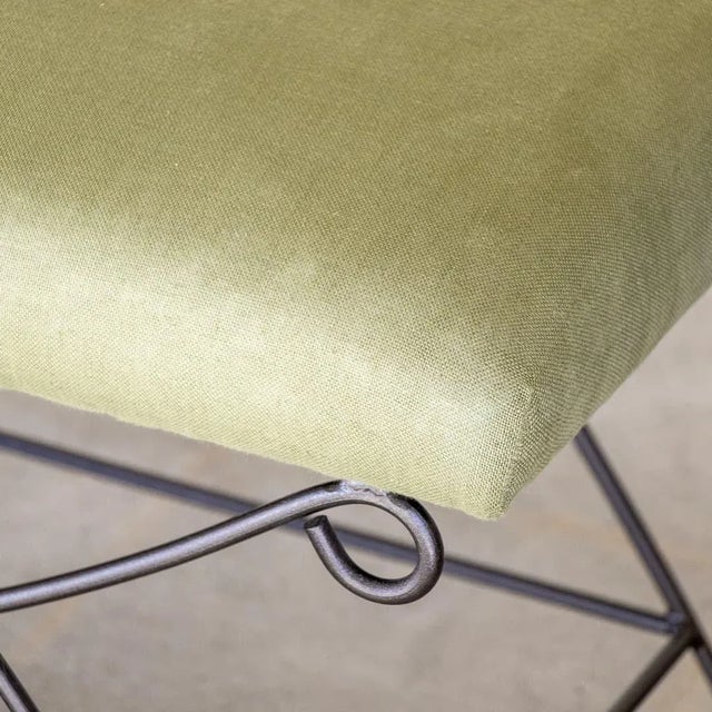 Green Iron Loop Bench, Green Linen For Sale - Image 8 of 9