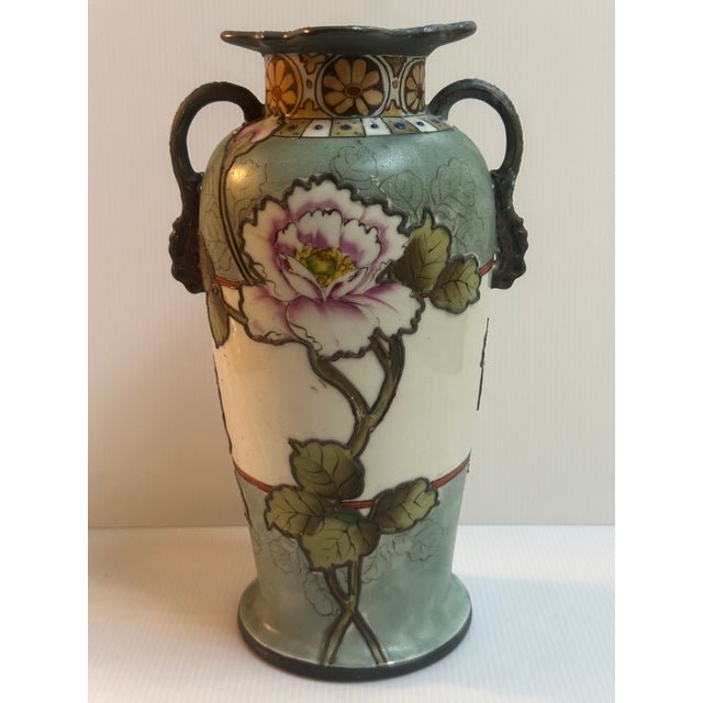 Early 20Th Century Asian Japanese Hand Painted Imperial Nippon Floral Handle Marriage Vase For Sale - Image 14 of 16