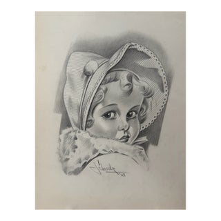 1940s Original Signed Graphite Illustration of Young Girl in Bonnet, 12 × 9.5 In. For Sale