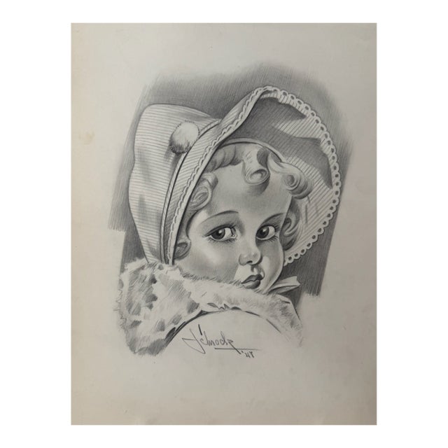 1940s Original Signed Graphite Illustration of Young Girl in Bonnet, 12 × 9.5 In. For Sale