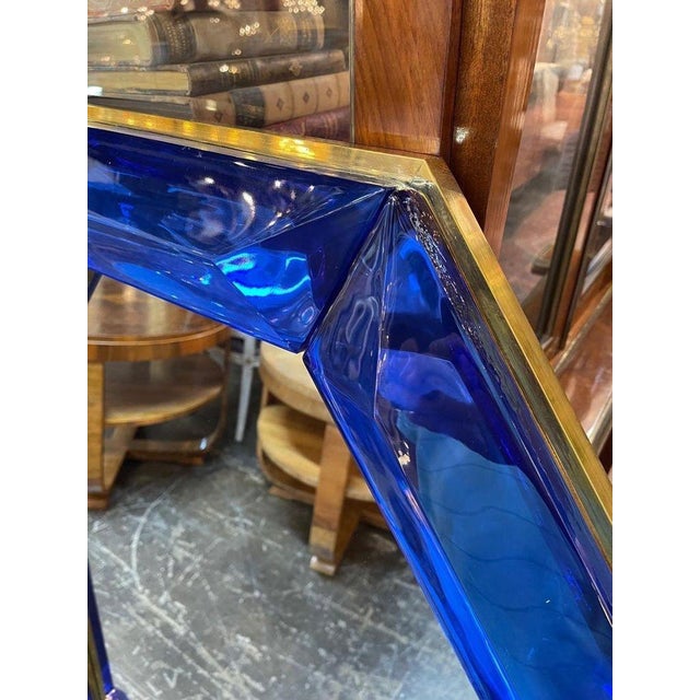 Modern Large Scale Blue Murano Glass and Brass Mirror For Sale - Image 3 of 7