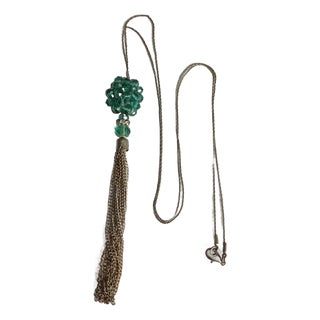 Vintage Faceted Emerald Green Glass Pendant Tassle Necklace For Sale