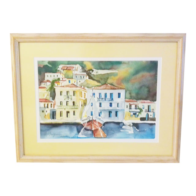 Vintage Framed Mediterranean Seaside Village Watercolor For Sale