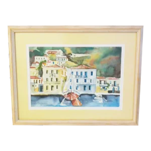 Vintage Framed Mediterranean Seaside Village Watercolor