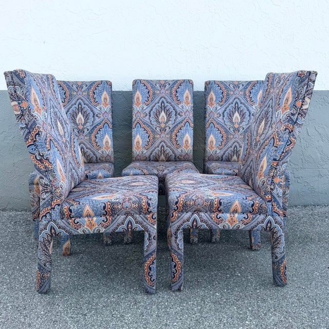 A striking set of six vintage Postmodern Parsons dining chairs by Preview, upholstered in a bold all-over paisley fabric...
