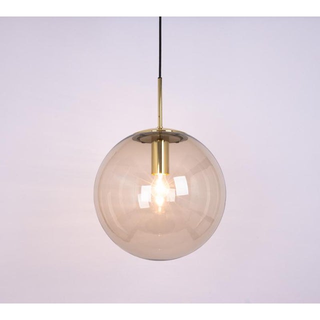 Metal Large Vintage Brass with Smoked Glass Ball Pendant from Limburg, Germany, 1970s For Sale - Image 7 of 9