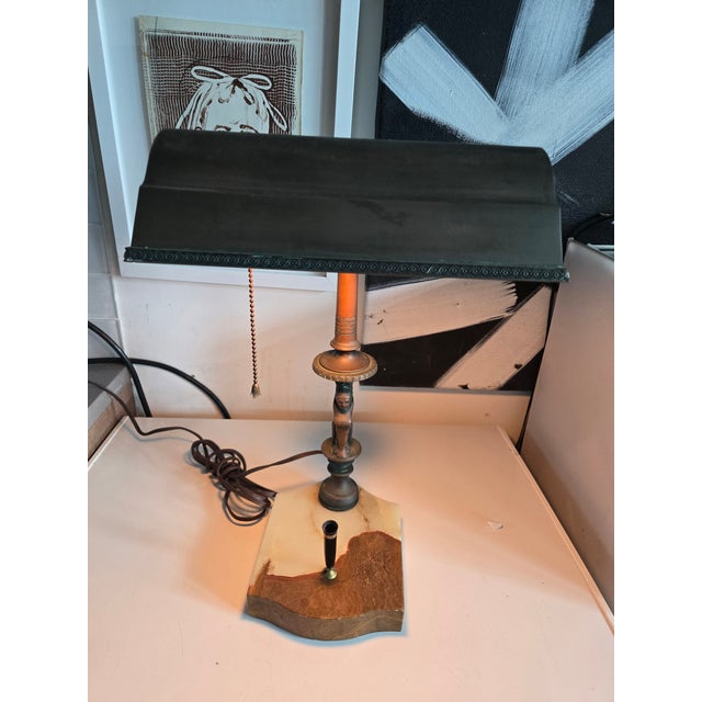 Early Bronze Sphinx Bankers Lamp w Onyx Base & Pen Holder sold as found in working condition without damage showing...