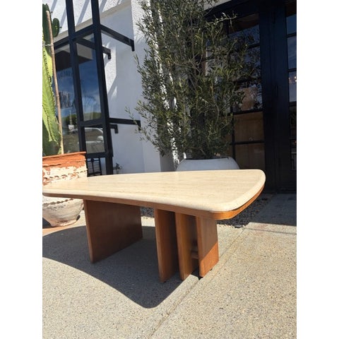 Mid Century Travertine Top Coffee Table With Sculptural Teak Wood Base For Sale In Los Angeles - Image 6 of 13