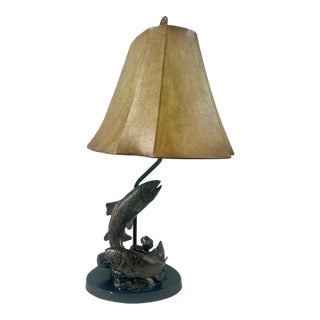 Rustic Style Flying Trout Table Lamp With Bronzed Base and Faux Leather Shade For Sale