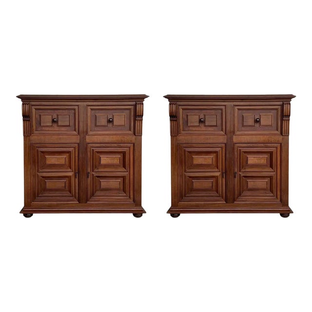 20th Century Pair of Catalan Carved Walnut Tuscan Two Drawers Credenza or Buffet For Sale