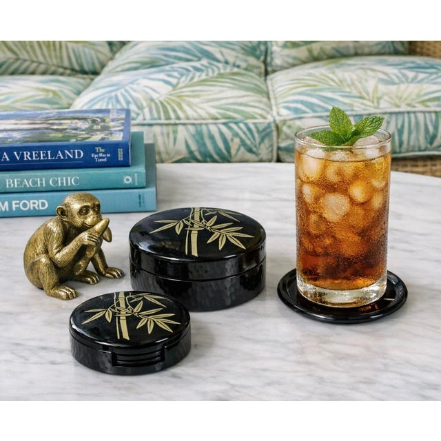 Chinoiserie Hollywood Regency Lacquer Chinoiserie Coaster Set With Gold Bamboo Motif– Set of 6 With Holder for Palm Beach Regency & Bar Cart Styling. See Pics! For Sale - Image 3 of 6