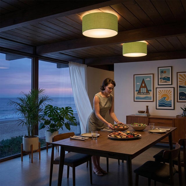 Featuring a sleek satin nickel finish and an avocado linen drum shade, the Stretch Flush Mount is a modern ceiling light...