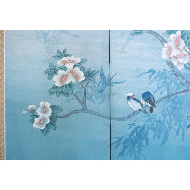 1970s 1970s Chinese Painted Silk Screen "Magnolia and Blue Jay" For Sale - Image 5 of 18