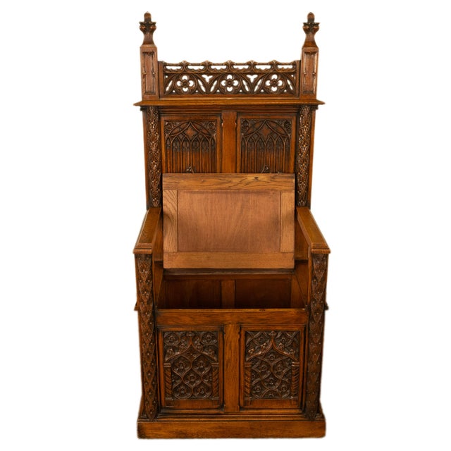 Wood Antique 19thC French Carved Oak Gothic Revival Throne Storage Chair Seat 1880 For Sale - Image 7 of 13