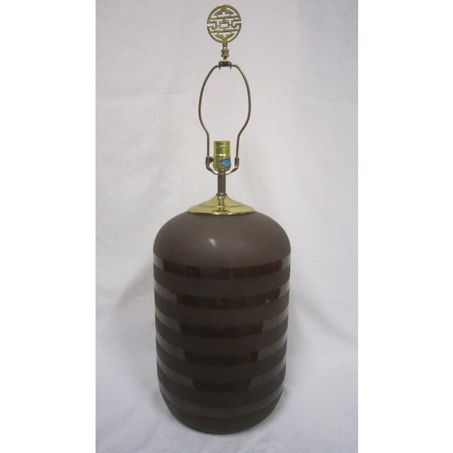 Mid Century Brown Striped Matte and Shiny Glass Lamp With Brass Finial For Sale - Image 6 of 6