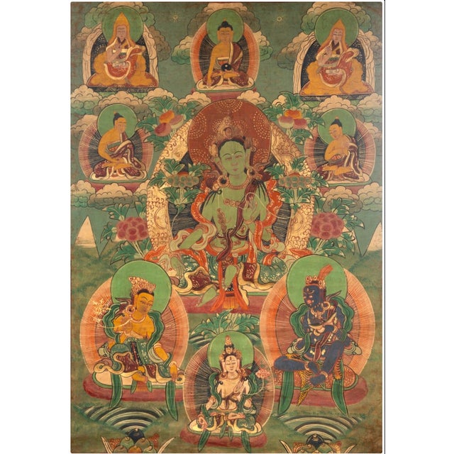 Wood 19th Century Tibetan Green Tara Thangka Painting on Cotton, Framed For Sale - Image 7 of 10