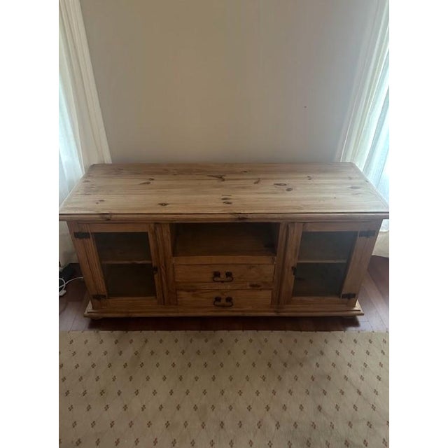 Vintage Pine Console or TV Stand w/Glass Doors