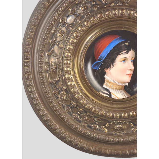 Late 19th Century Antique 19th Century German Porcelain Plate Hand Painted Portrait Brass Repoussé Wall Charger Frame For Sale - Image 5 of 8