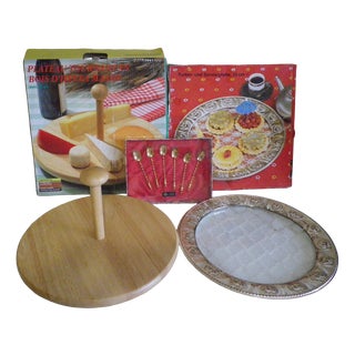 Rotating Cheese Board Set, Cake Serving Platter, and Teaspoons, Set of 8 For Sale