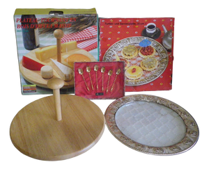 Rotating Cheese Board Set, Cake Serving Platter, and Teaspoons, Set of 8