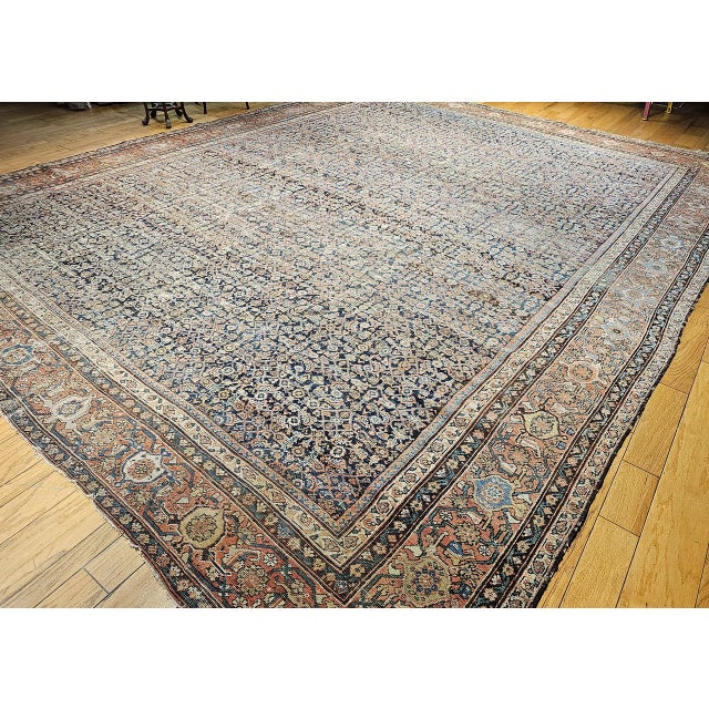 Navy Blue 19th Century Oversized Persian Farahan, Hand-Knotted Wool, Allover Herati Geometric Pattern, Navy & Red, 14x18 For Sale - Image 8 of 18