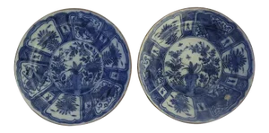 Blue and White Kraak Pottery Plates Paper Label from Grand Bazar Royal The Hague - A Pair
