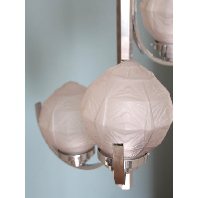 Metal Art Deco Chromed Pendant Lamp with 3 Globes, 1930s For Sale - Image 7 of 8