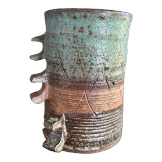 Handbuilt Textured Ceramic Vase: Green Brown Glaze Studio Pottery Sculpture For Sale