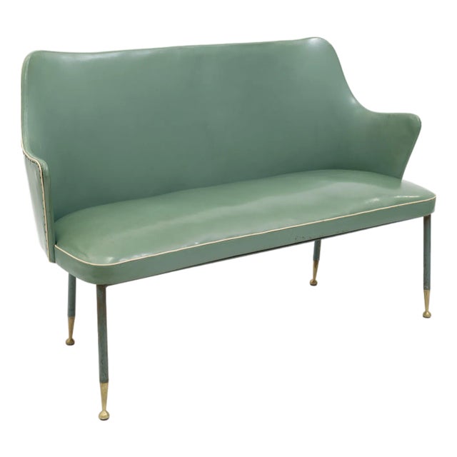 Vintage Green Vinyl Two-Seat Bench With Brass Tipped Metal Legs For Sale