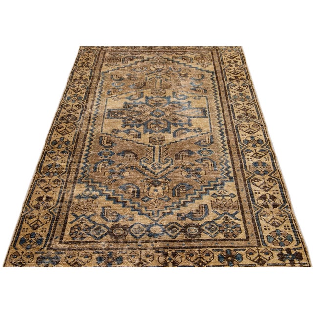 Persian 1960s Vintage Persian Distressed Handmade Geometric Brown Wool Rug For Sale - Image 3 of 7