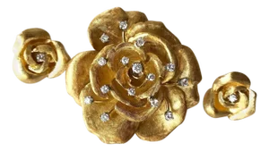 Cartier France 18K Gold Diamond Rose Flowering Brooch and Earrings Set